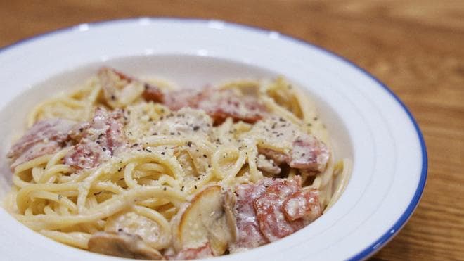 Creamy Mushroom & Bacon Spaghetti